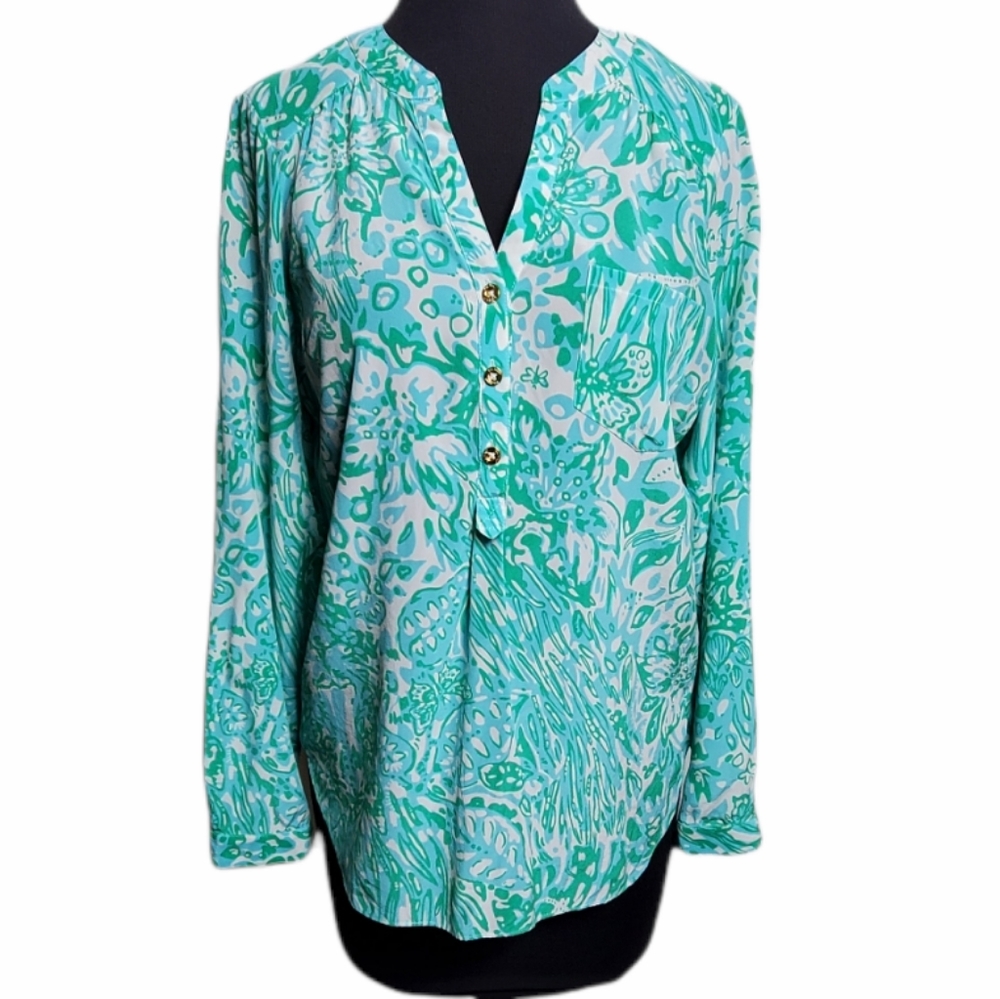 Lilly Pulitzer Delray in the jungle tunic green cream floral top women's size M